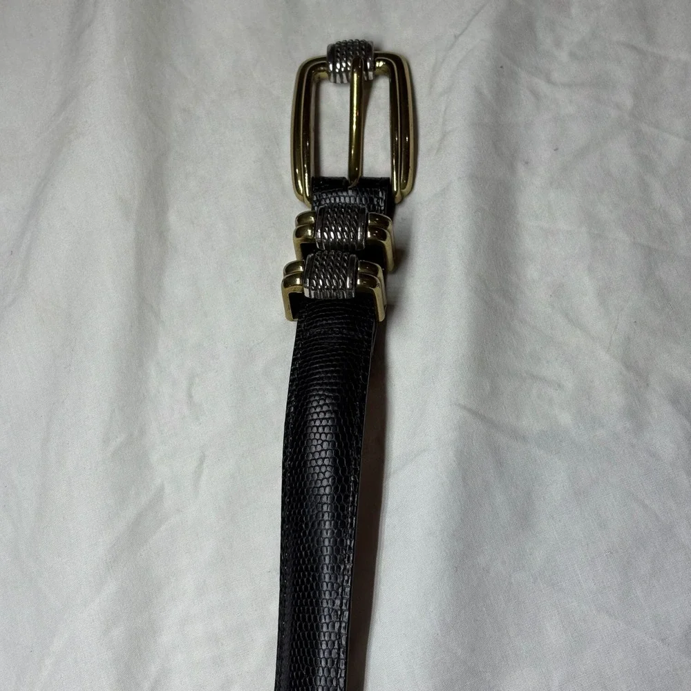 Brighton Classics Black Lizard Embossed‎ Leather Belt Gold Tone Buckle ML 32